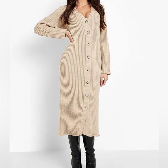 NWT Happily Grey Cream Ribbed Knit Button Accent Front Sweater Maxi Dress Ivory - Picture 10 of 14